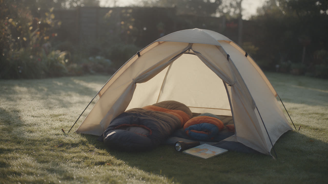 Kleines Kinderzelt im Garten, von innen durch eine Laterne beleuchtet, abends