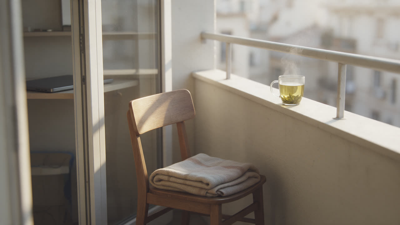 Leerer Sessel mit Wolldecke am Fenster, davor verstreutes Spielzeug, früher Morgen