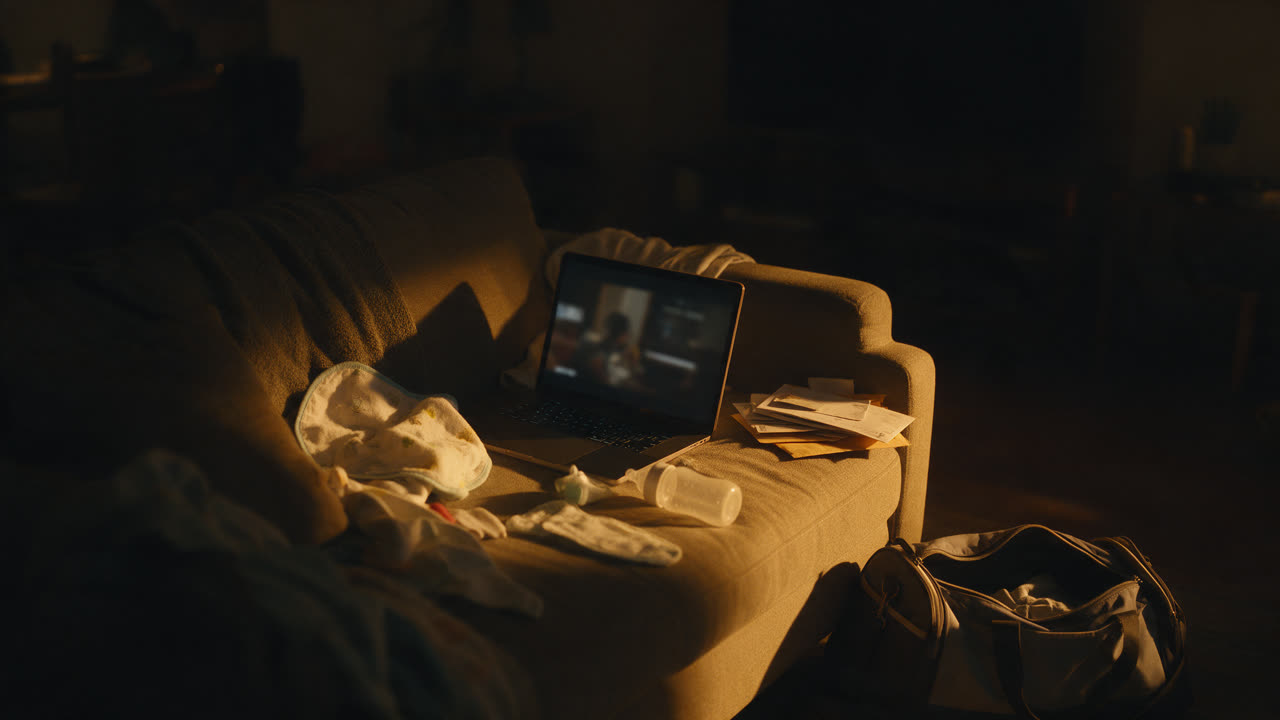 Halbvolles Babyfläschchen und offener Laptop auf dem Sofa, spät in der Nacht
