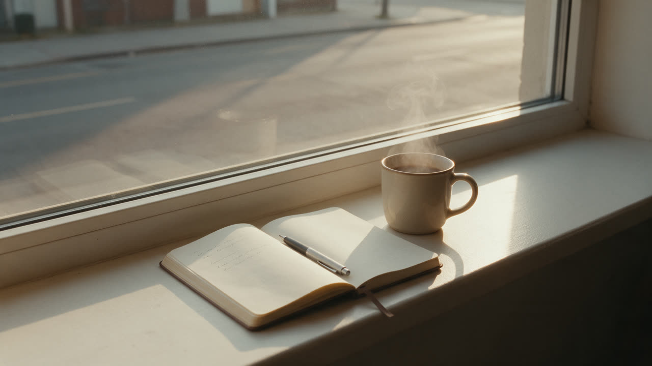 Offenes Notizbuch mit Stift und Morgenkaffee am Küchentisch, bevor die Kinder aufwachen