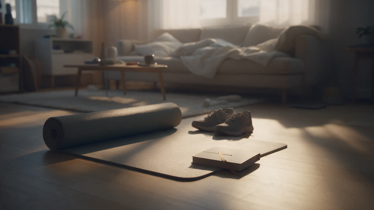 Wecker auf 5:00 neben einem Buch mit Lesezeichen im dunklen Wohnzimmer