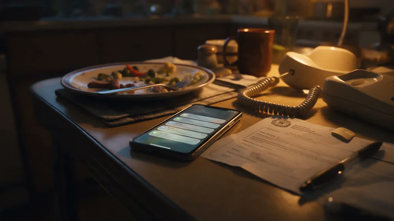 Kleine Sanduhr auf dem Küchentisch neben einem Stapel Elternbriefe, spätabends