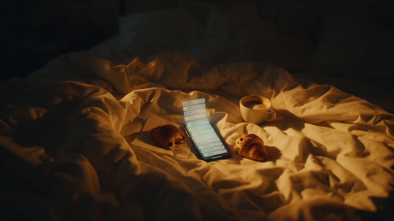 Umgedrehtes Handy auf dem Nachttisch neben einem Glas Wasser, im Morgengrauen