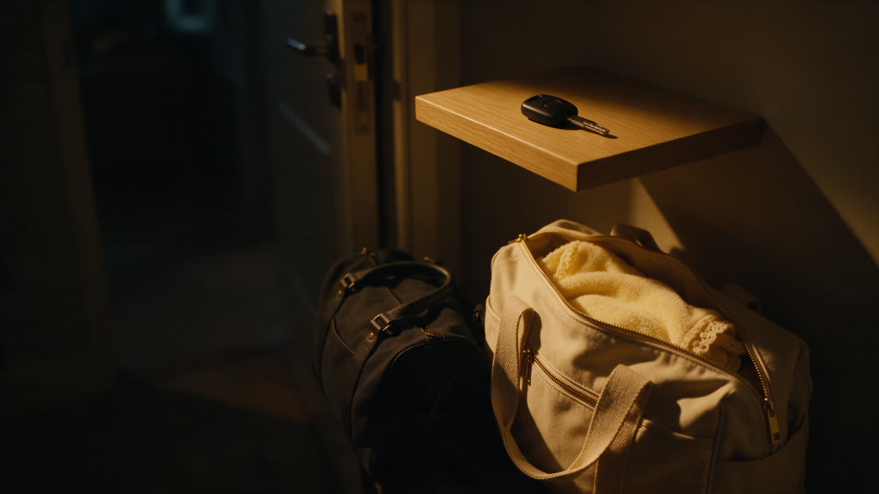 Halb gepackte Reisetasche auf dem Bett neben einer gefalteten Babydecke, frühmorgens