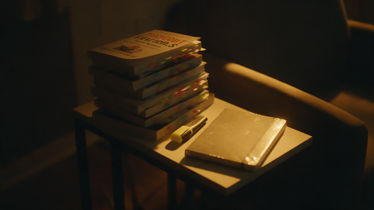 Hoher Bücherstapel voller Lesezeichen auf der Sofalehne, spätabends