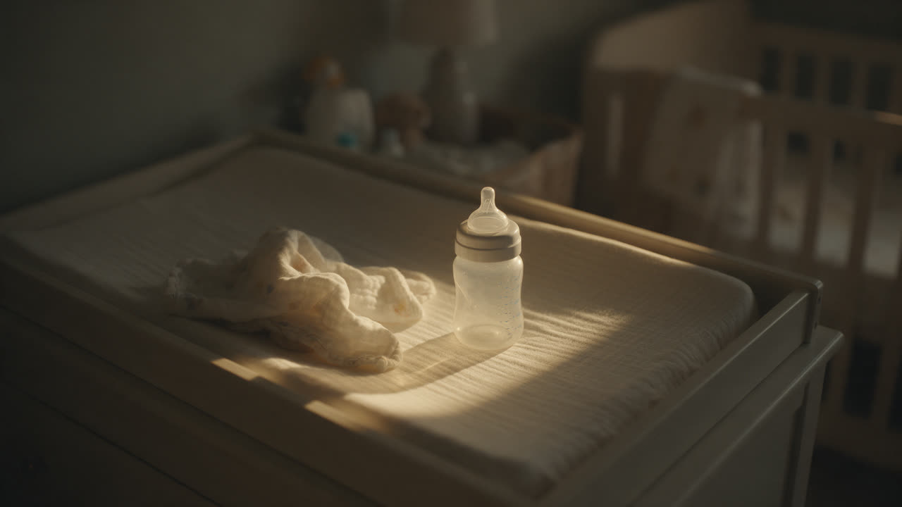 Leeres Babyfläschchen und Nuscheltuch auf der Wickelkommode im ersten Morgengrauen nach einer langen Nacht