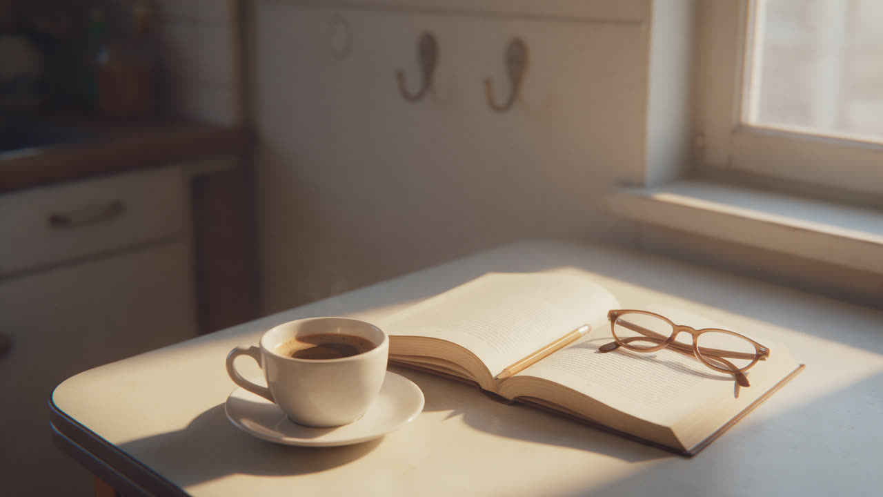 Dampfende Kaffeetasse und Kopfhörer am leeren Frühstückstisch, nachdem die Kinder aus dem Haus sind