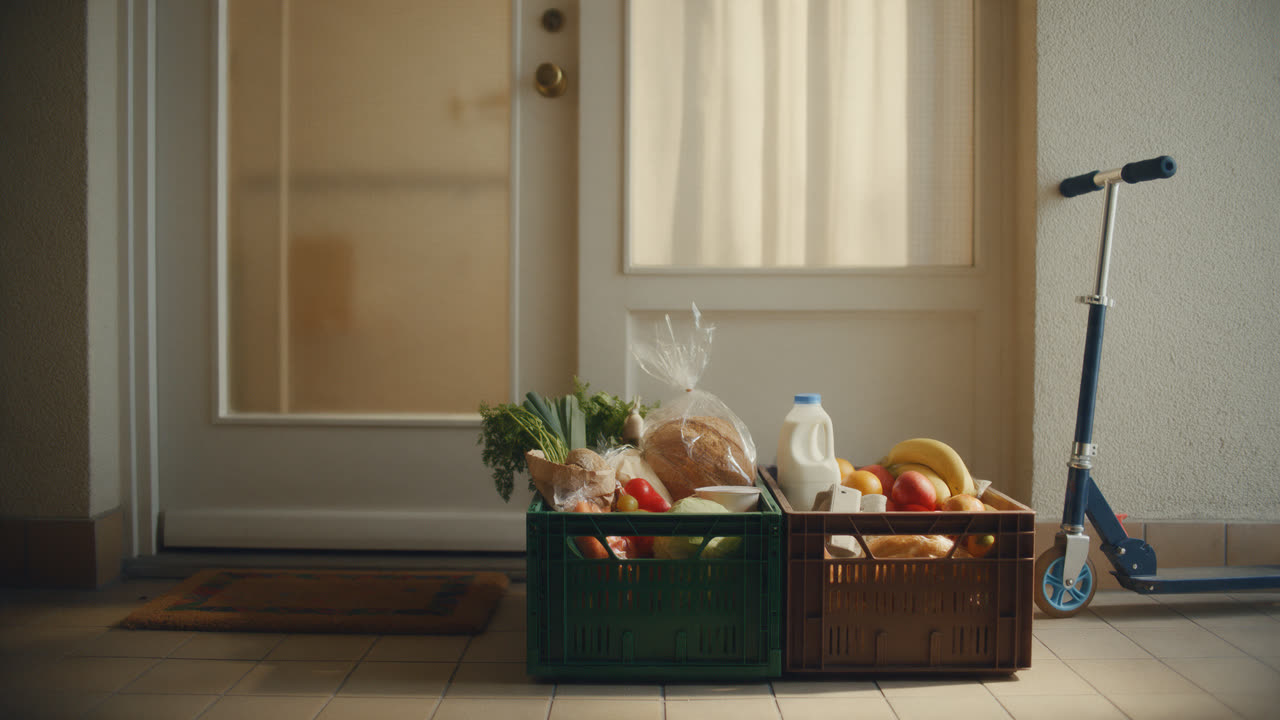 Gelieferte Einkaufstüten auf der Küchenablage, frühmorgens