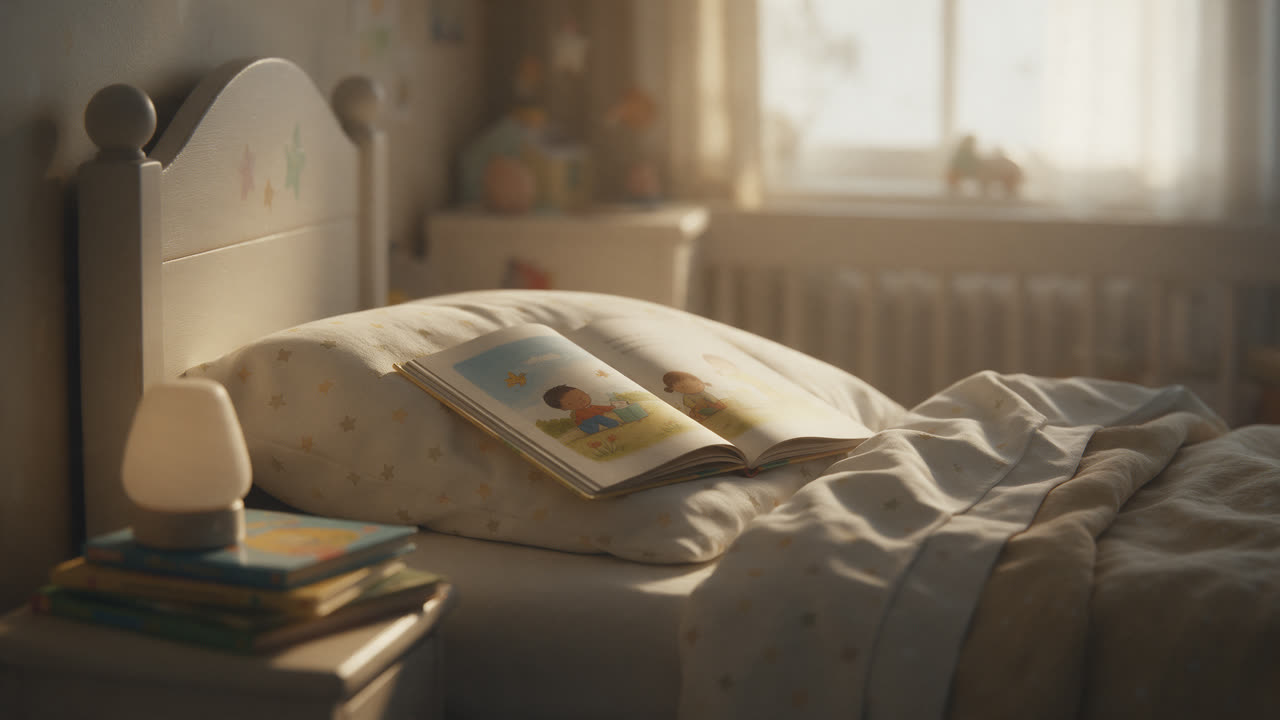Stapel Gute-Nacht-Bücher neben einem Kinderbett, das oberste aufgeschlagen, abends