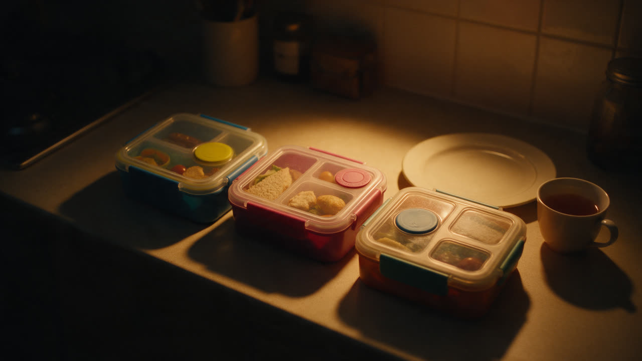 Gepackte Znüniboxen der Kinder in einer Reihe, daneben ein leerer eigener Teller, spätabends