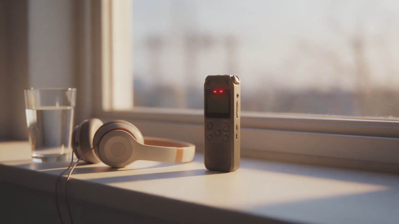 Kleines Diktiergerät auf dem Küchentisch neben einer Kaffeetasse, vor Sonnenaufgang