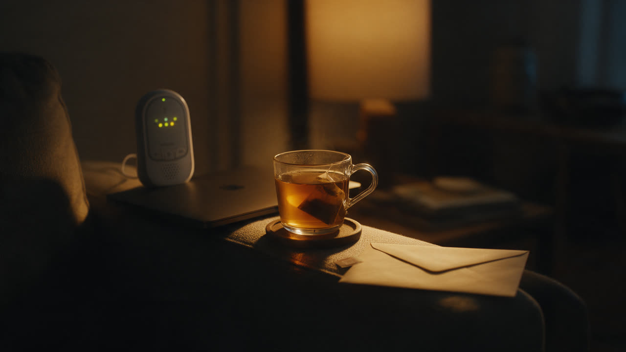 Leuchtendes Babyfon auf dem Nachttisch, mitten in der Nacht